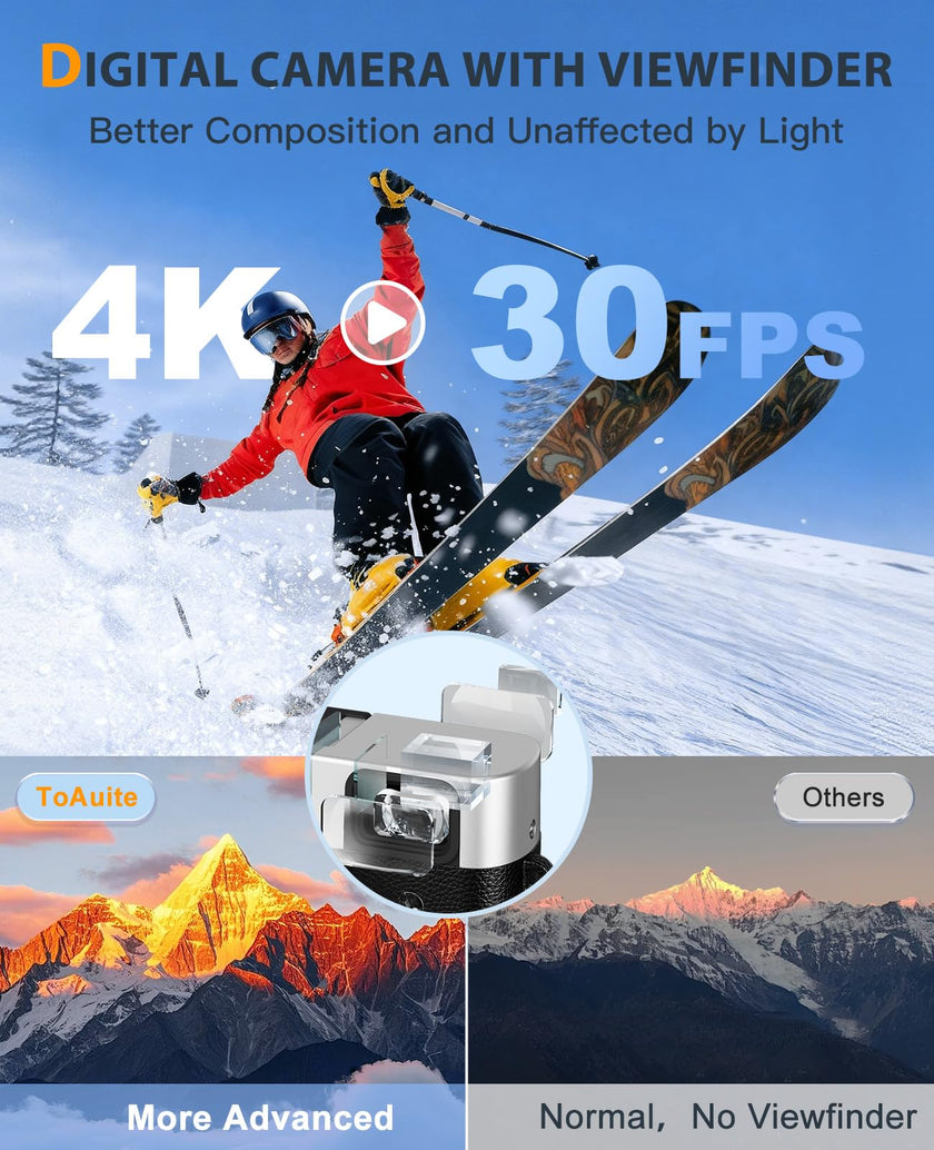 ToAuite 4K Digital Camera with Viewfinder, 48MP Autofocus Vlogging Camera for Photography and Video, Anti-Shake 16X Zoom Travel Portable Camera with Flash 32GB Card, Selfie YouTube Cameras with Dial 🍁 All In One Marketplace Canada