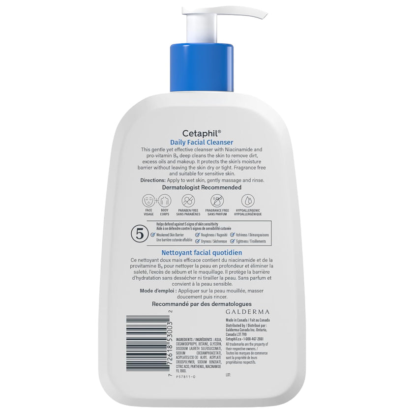 Cetaphil Daily Facial Cleanser Fragrance Free (473ml) - Deep Cleansing Face Wash, Ideal for Normal to Combination to Oily Skin, Dermatologist Tested 🍁 All In One Marketplace Canada