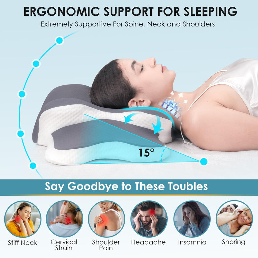 Delyoly Cervical Neck Pillow for Sleeping - Memory Foam Contour Pillow for Neck Pain Relief, Ergonomic Support for Side and Back Sleepers, Orthopedic Pillow with Breathable Ice Silk Cover（Gray） 🍁 All In One Marketplace Canada