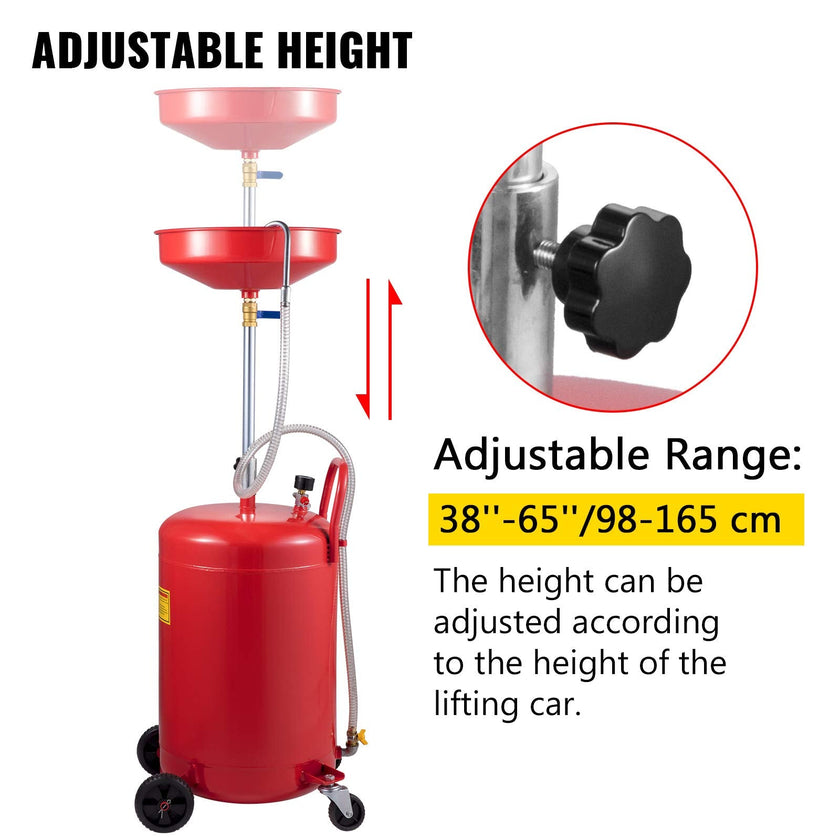 VEVOR Waste Oil Drain Tank 20 Gallon Portable Oil Drain Air Operated Drainer Oil Change, Oil Drain Container, Fluid Fuel Transfer Drainage Adjustable Funnel Height, with Wheel For Easy Oil Removal 🍁 All In One Marketplace Canada