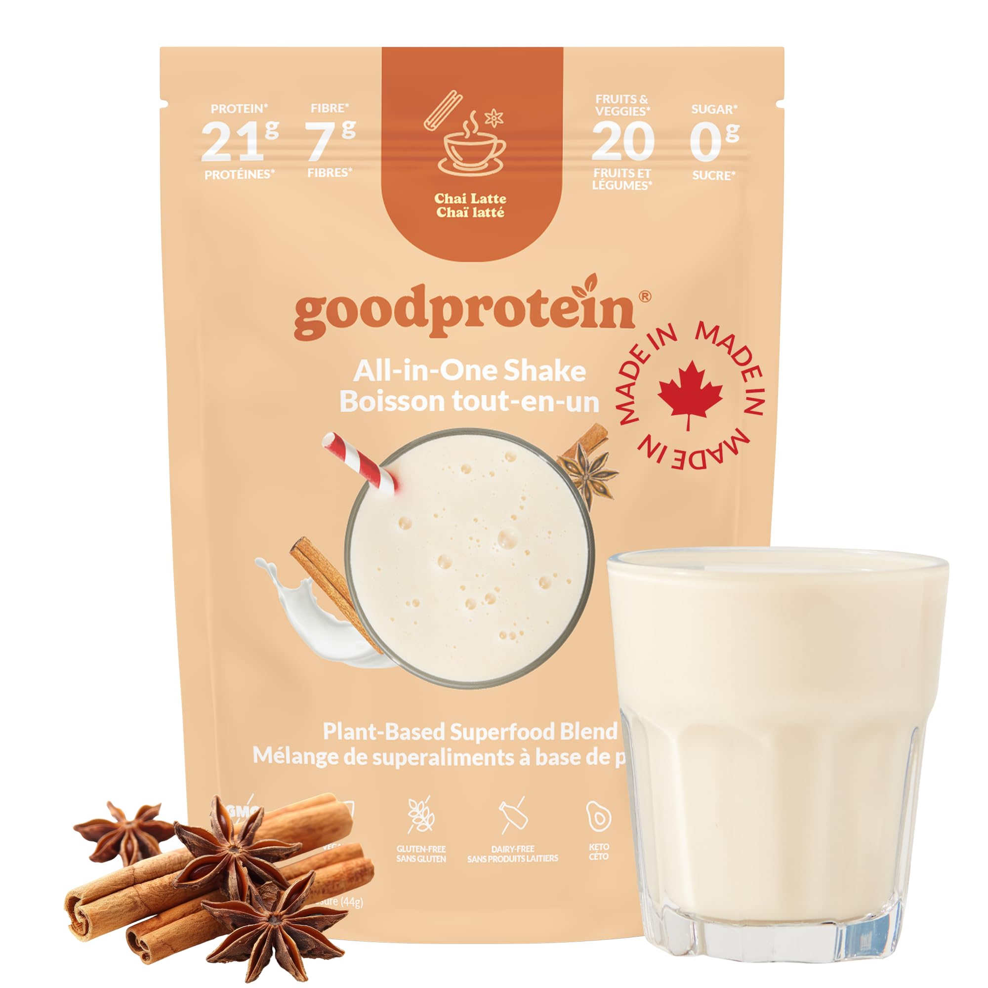 Good Protein Vegan Plant-based Protein Powder 100% Natural, Non-GMO, Dairy-free, Gluten-free, Soy-free, No Added Sugar and Nothing Artificial. Chai Latte All-in-One Shake 440 grams 🍁 All In One Marketplace Canada
