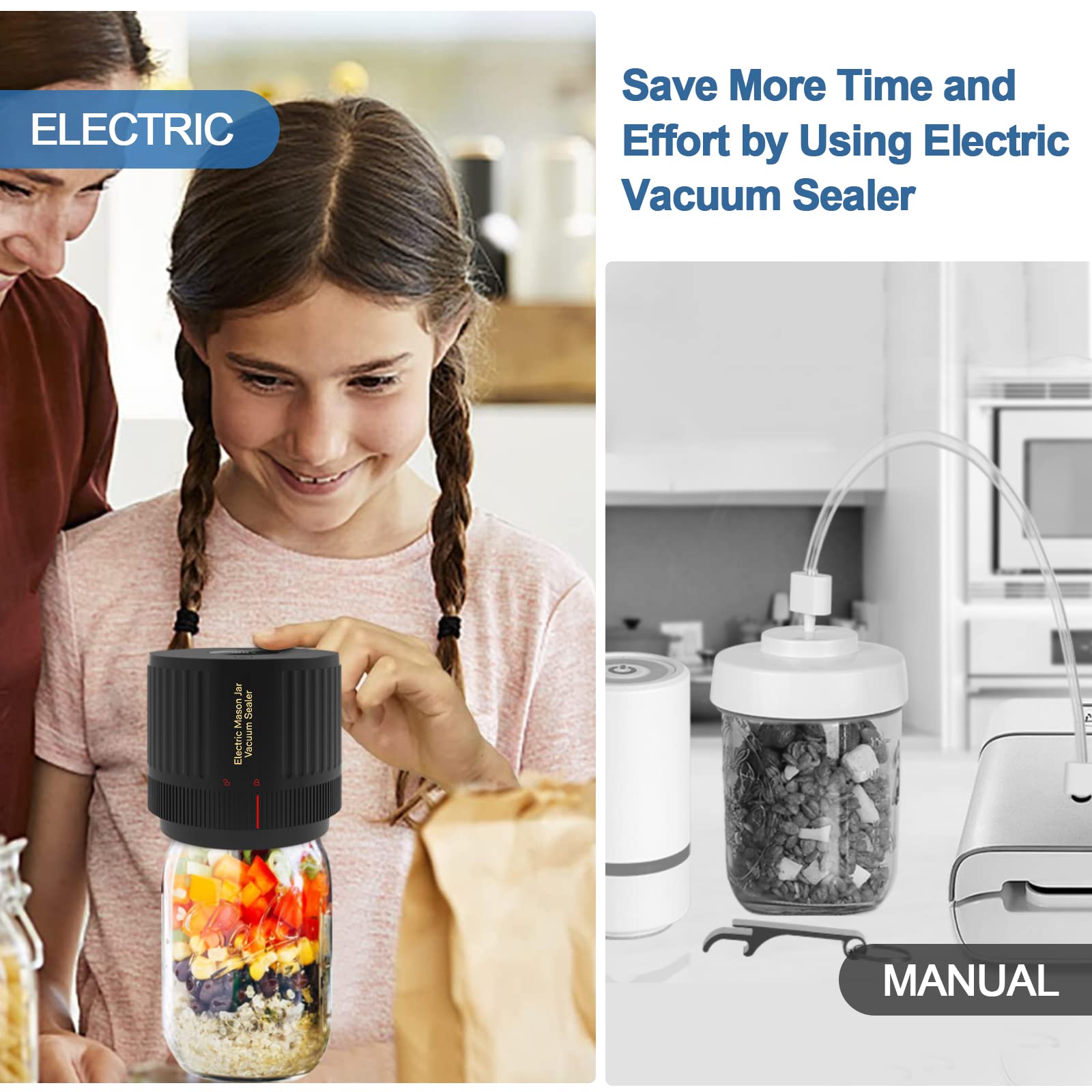Electric Mason Jar Vacuum Sealer Kit, Portable Vacuum Sealer for Regular and Wide Mason Jars, Food Storage and Fermentation, Deep Black 🍁 All In One Marketplace Canada