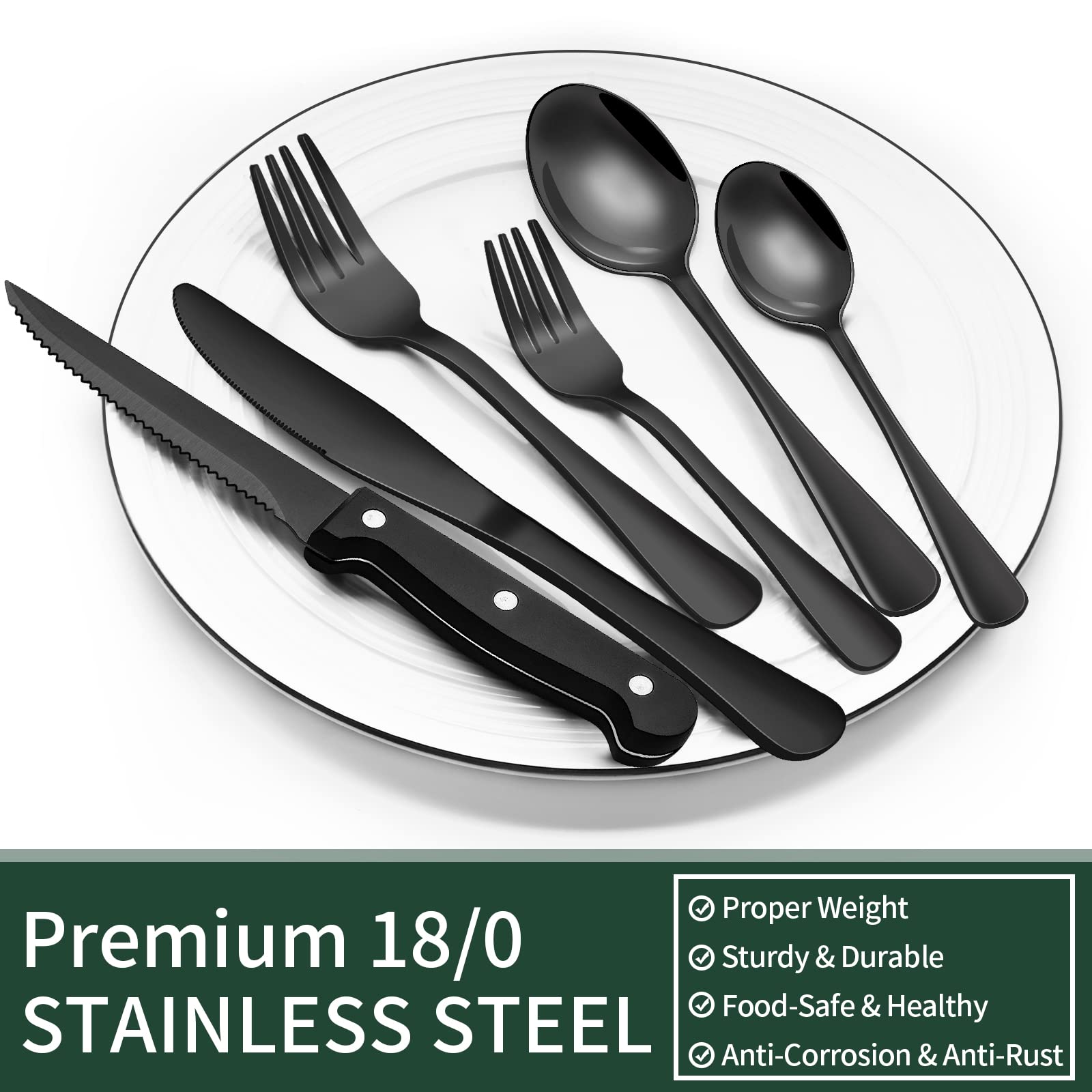 24-Piece Black Silverware Set with Steak Knives, Black Flatware Set for 4, Food-Grade Stainless Steel Tableware Cutlery Set, Mirror Finished Utensil Sets for Home Restaurant 🍁 All In One Marketplace Canada