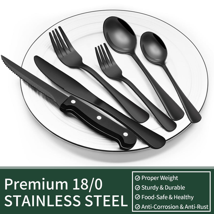 24-Piece Black Silverware Set with Steak Knives, Black Flatware Set for 4, Food-Grade Stainless Steel Tableware Cutlery Set, Mirror Finished Utensil Sets for Home Restaurant 🍁 All In One Marketplace Canada