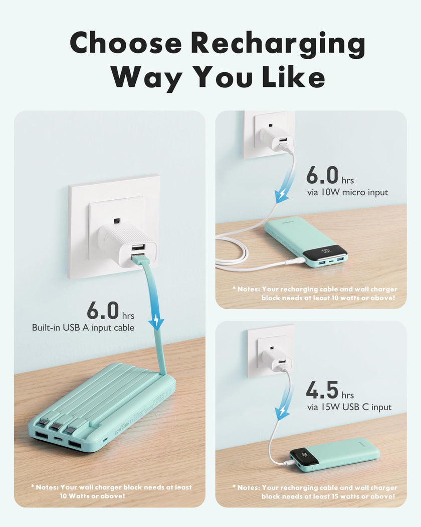 Charmast Portable Charger with Built in Cables, Power Bank with Cords Wires, Slim 10000mAh Travel Battery Pack 6 Outputs 3 Inputs 3A Fast Charging for Samsung Google Pixel LG Moto iPhone iPad 🍁 All In One Marketplace Canada
