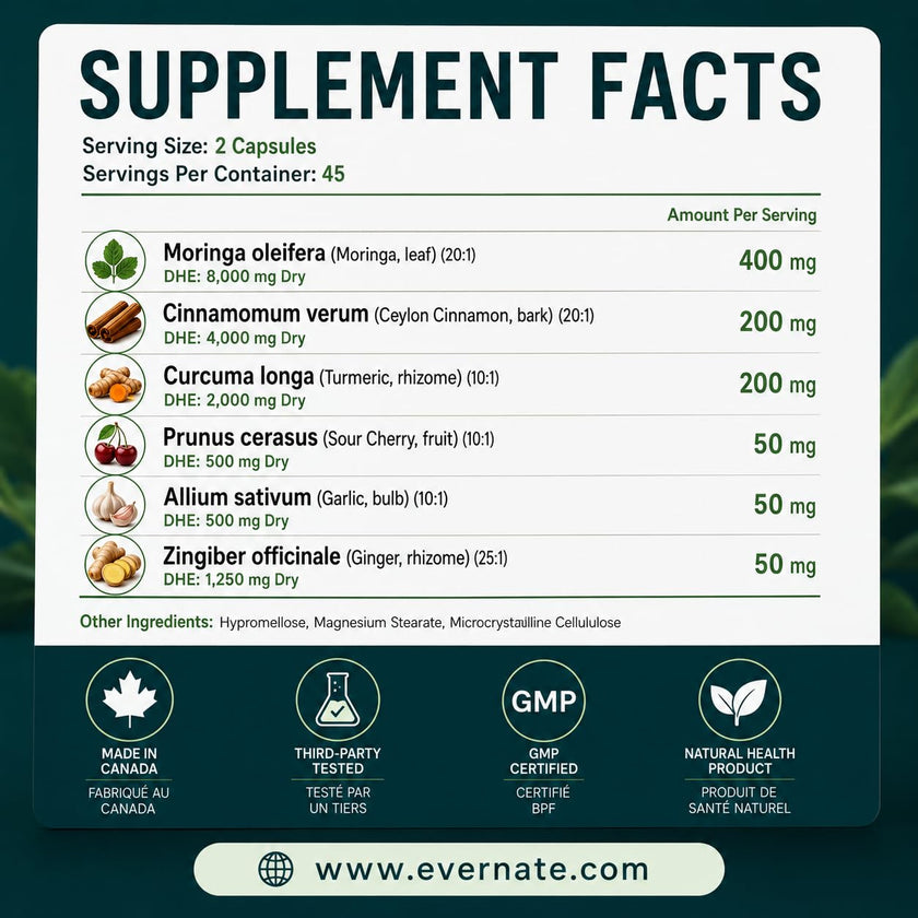 ALL-IN-ONE Moringa 8000 mg with Ceylon Cinnamon 4000 mg, Tart Cherry, Turmeric, Ginger & Garlic (Per Serving: 2 Capsules) – Antioxidant, Detox, Energy & Metabolic Support – Made in Canada 🍁 All In One Marketplace Canada