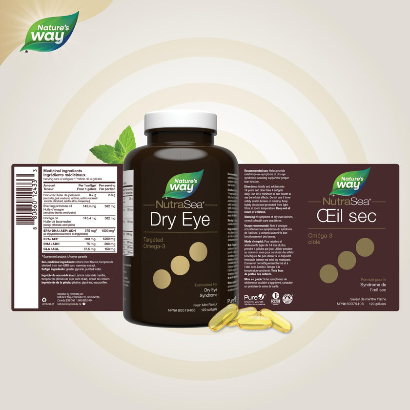 Nature’s Way NutraSea Dry Eye Omega‑3 Supplement – Targeted Eye Health & Tear Support – 1500 mg EPA + DHA with 150 mg GLA – Citrus Flavour Fish Oil – 120 Softgels 🍁 All In One Marketplace Canada