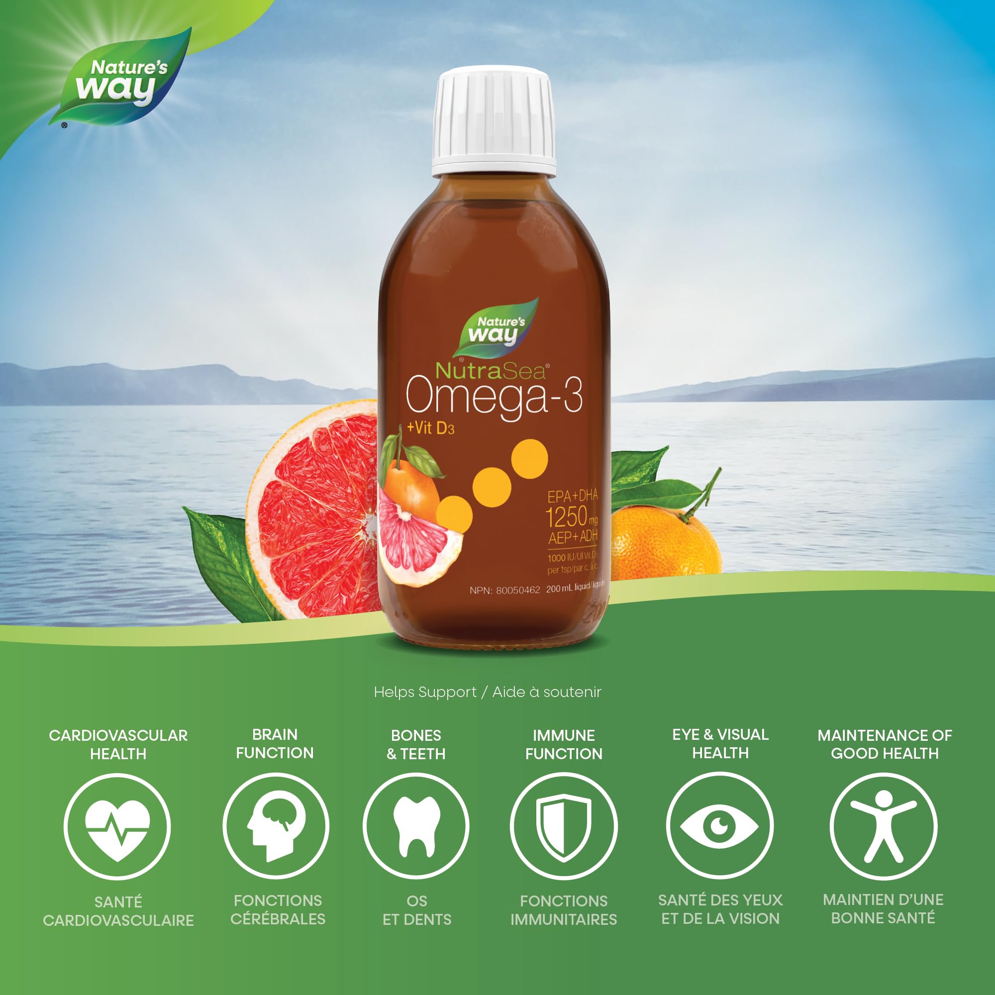 Nature's Way NutraSea Omega 3 + Vitamin D Fish Oil Liquid Supplement – Grapefruit Tangerine Flavour – 1250mg EPA & DHA + 1000IU D3, 200 mL 🍁 All In One Marketplace Canada