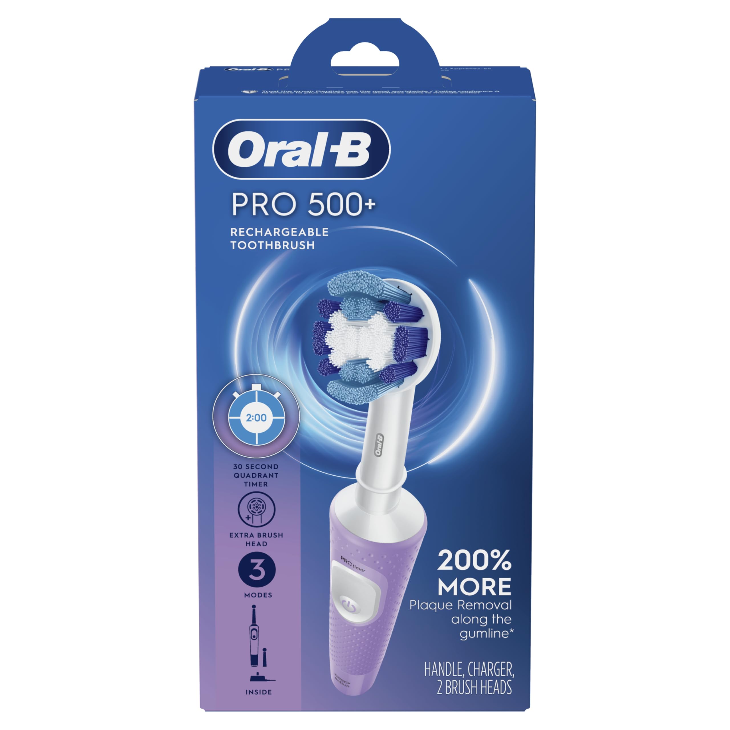 Oral-B Pro 500 + Electric Toothbrush with (1) Precision Clean Brush Head and (1) Sensitive Clean Brush Head, Rechargeable, Lilac 🍁 All In One Marketplace Canada