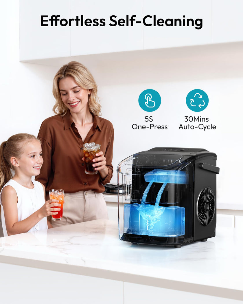 EUHOMY Countertop Ice Maker Machine with Handle, 26lbs in 24Hrs, 9 Ice Cubes Ready in 6 Mins, Auto-Cleaning Portable Ice Maker with Basket and Scoop, for Home/Kitchen/Camping/RV. (Black) 🍁 All In One Marketplace Canada