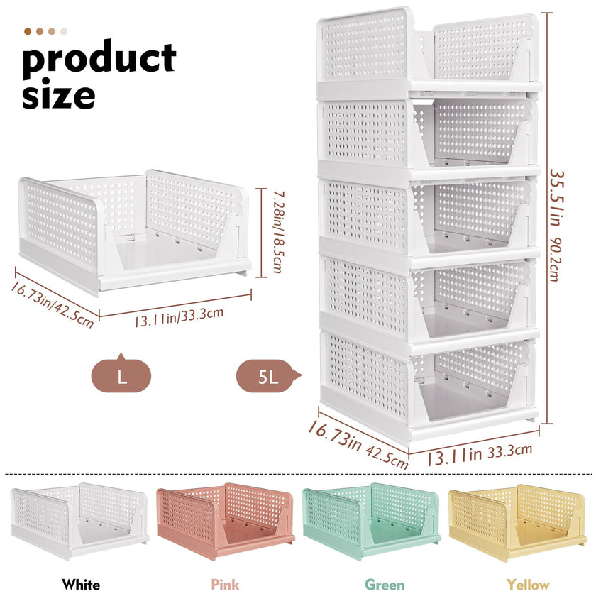 SNSLXH 5 Pack White Stackable Closet Organizer Box, Multifunctional & Foldable Storage Basket for Bathroom, Kitchen, Laundry Room, Wardrobe, Space-Saving Clothes Storage Drawer Organizer 🍁 All In One Marketplace Canada