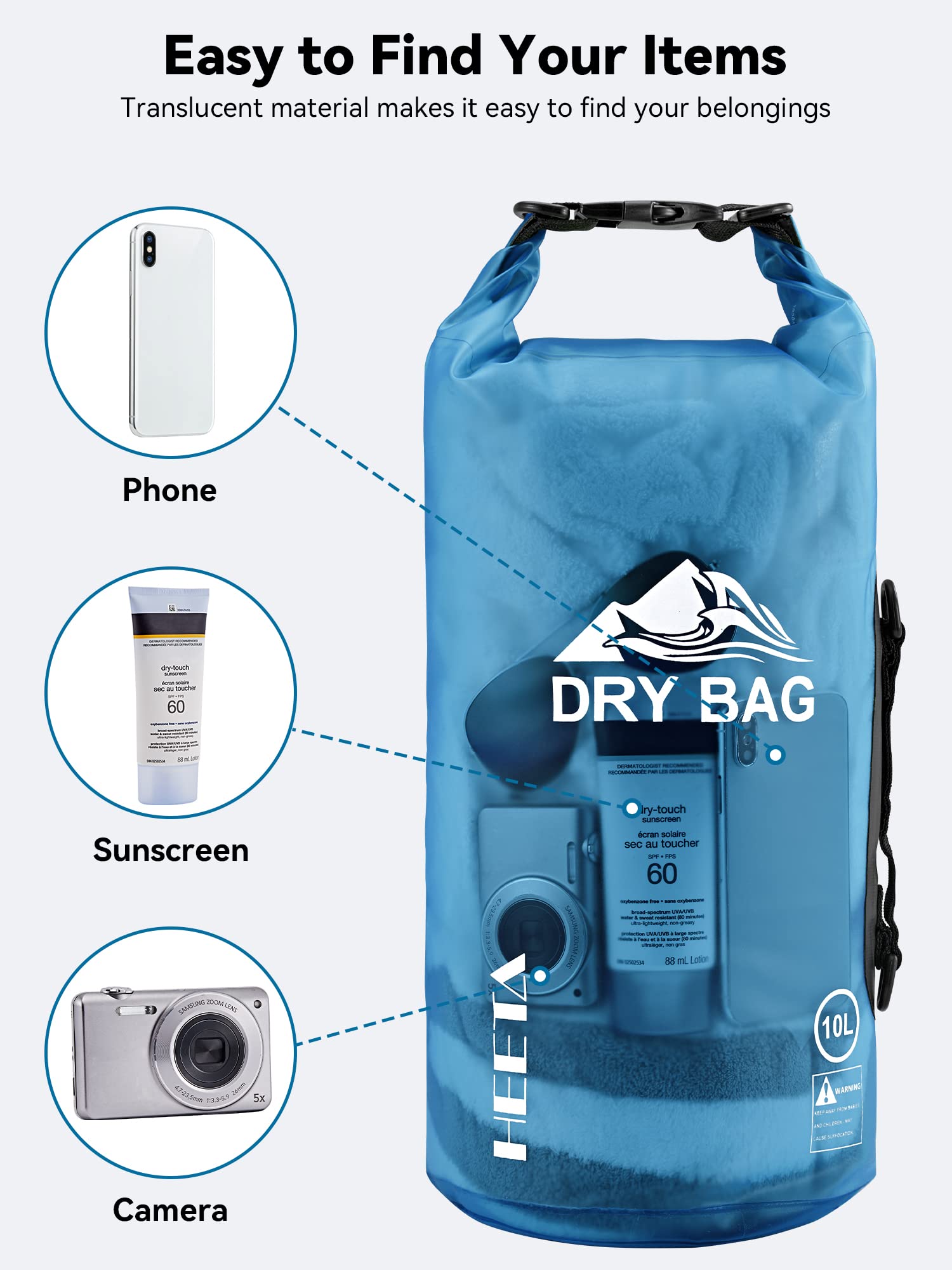 HEETA Dry Bag Waterproof for Women Men, Roll Top Lightweight Dry Storage Bag Backpack with Phone Case for Travel Swimming Boating Kayaking Paddle Board Camping Beach Accessories (Transparent Blue, 5L) 🍁 All In One Marketplace Canada