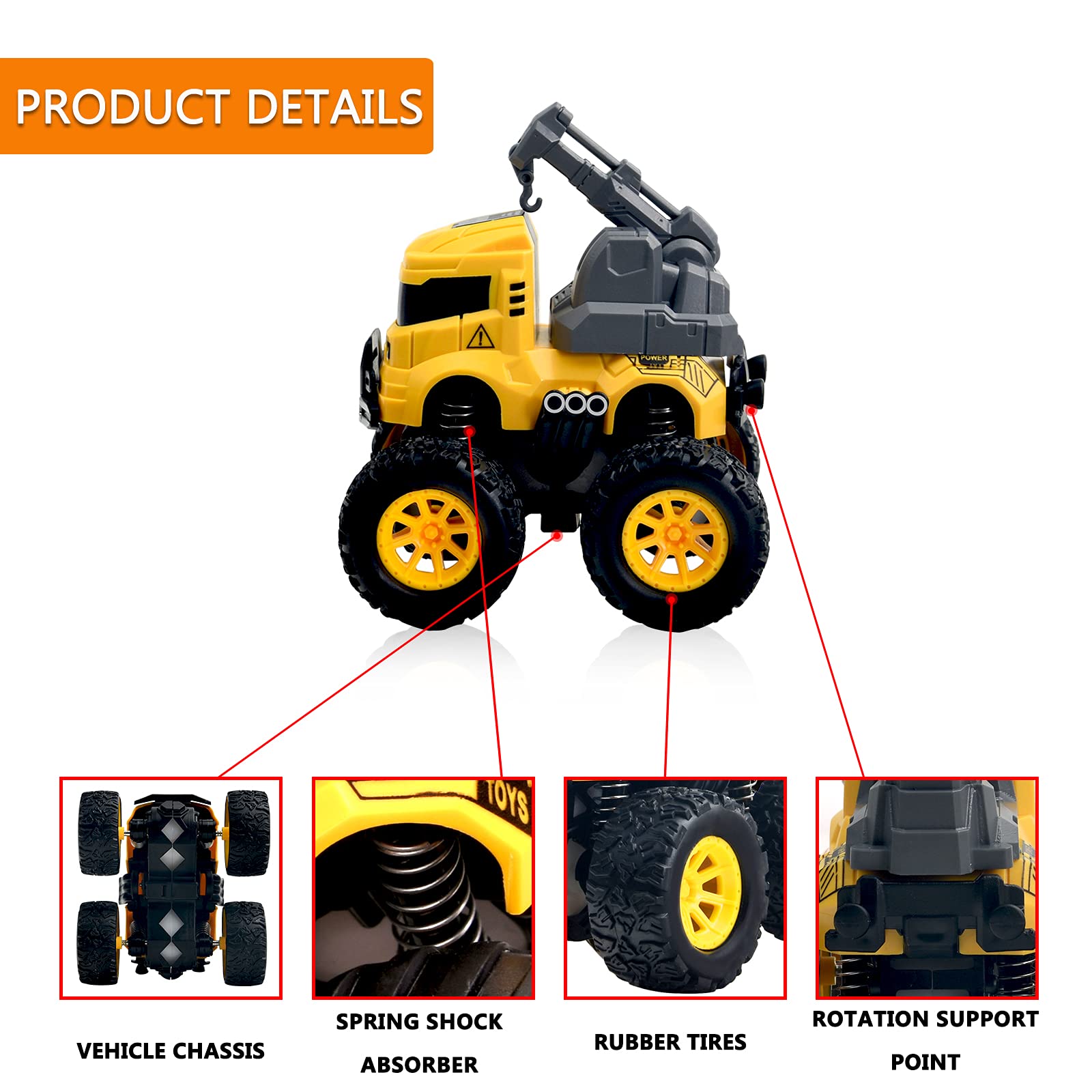 Construction Monster Truck Toys - 4pcs Excavator, Mixer, Crane, Dump Trucks Toy | Push and Go Friction Powered Cars Stunt Vehicles Playset | Kids Birthday Party Favors Gifts for 3+ Year Old Boys Girls 🍁 All In One Marketplace Canada