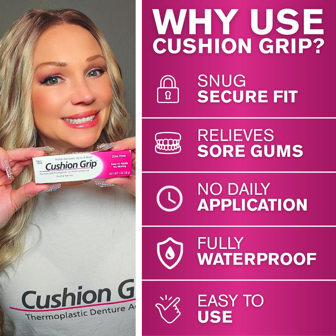 Cushion Grip Thermoplastic Denture Adhesive – Refits & Tightens Loose Dentures, Works Like a Denture Reliner for a Long-Lasting, Secure Fit, Cushions Gums, Waterproof & Zinc-Free - 1 oz 🍁 All In One Marketplace Canada