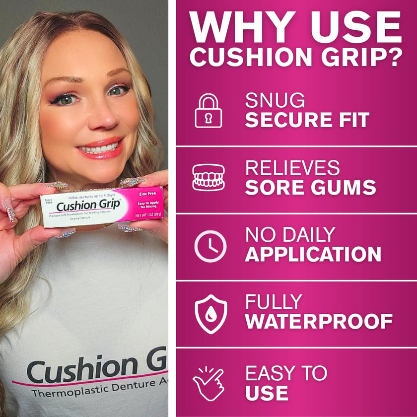 Cushion Grip Thermoplastic Denture Adhesive – Refits & Tightens Loose Dentures, Works Like a Denture Reliner for a Long-Lasting, Secure Fit, Cushions Gums, Waterproof & Zinc-Free - 1 oz 🍁 All In One Marketplace Canada