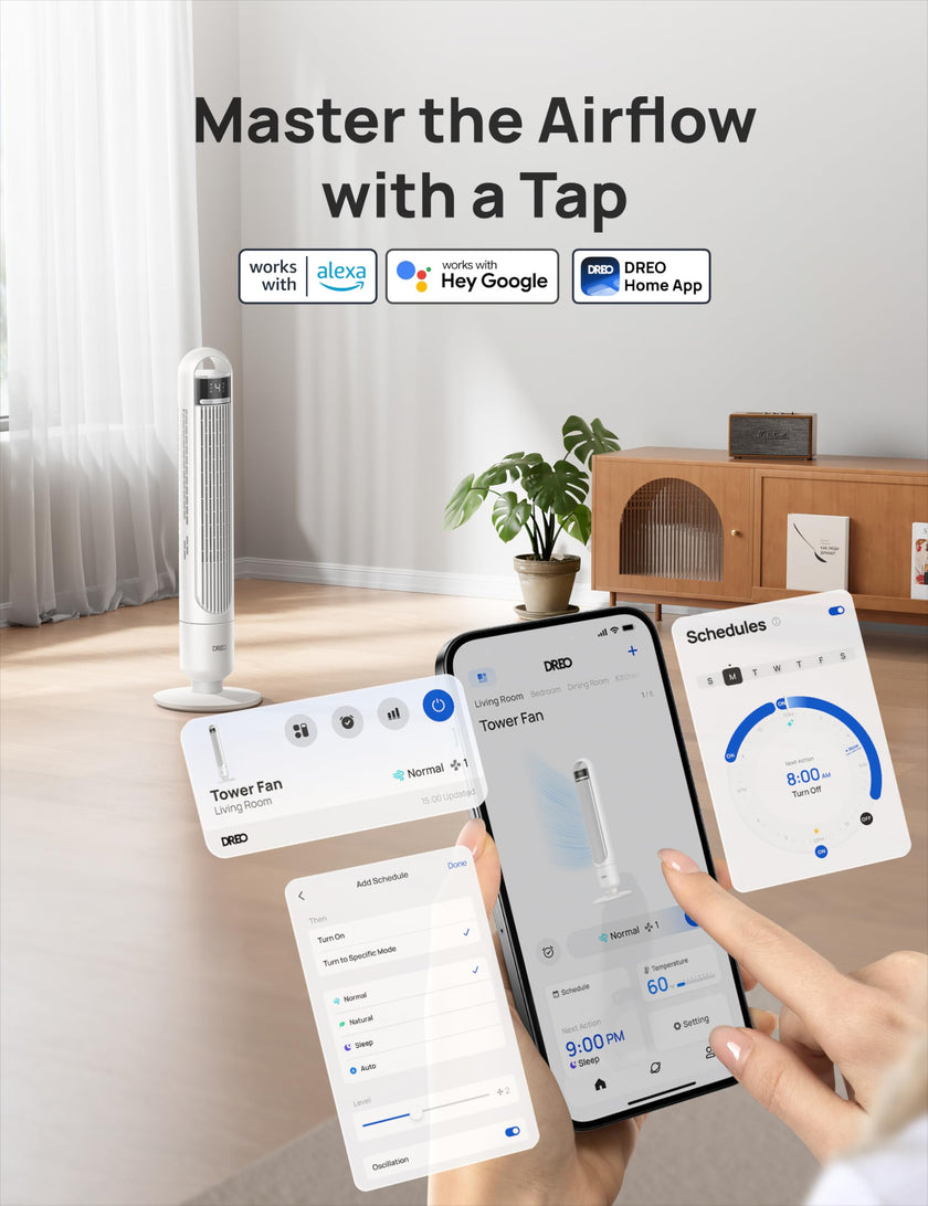 DREO Smart Tower Fan for Bedroom, 90° Oscillating Standing Fans for Room with 4 Speeds, 4 Modes, 25dB Quiet for Sleep, 25ft/s Velocity, 8H Timer, Remote/App/Voice Control for Living Room, Office, Home 🍁 All In One Marketplace Canada