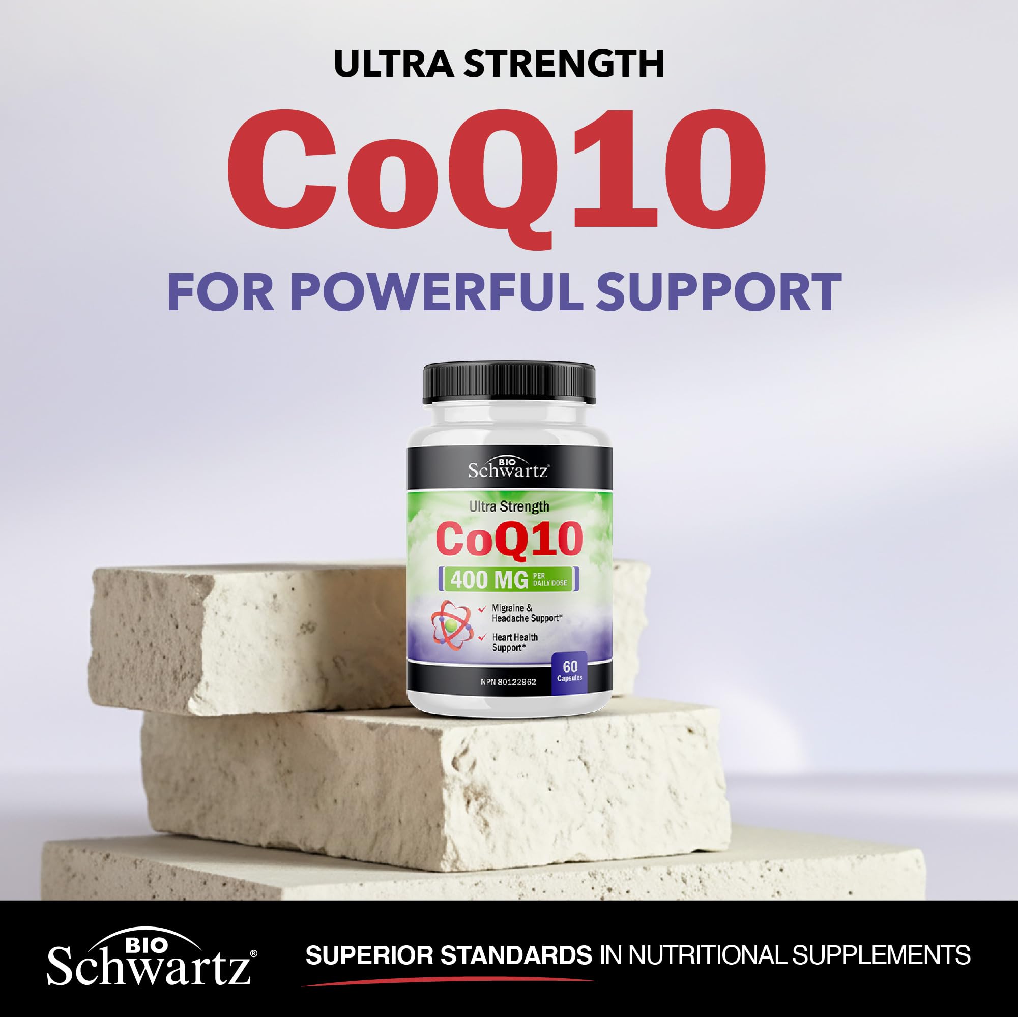 CoQ10 Supplement | Ultra Strength 400MG Per Daily Dose | Migraine, Headache & Heart Health Support | Coenzyme Q10 to Reduce Migraine Frequency & Support Cardiovascular Health | Made in Canada & Non-GMO | 30 Day Supply | 60 Ct