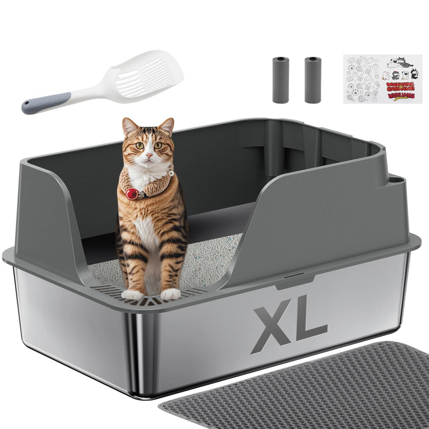 Stainless Steel Cat Litter Box with Lid, XL Litter Box for Big Cats, High Sided Metal Pan, Anti Leakage,Odor-Free & Easy Cleaning,Included Scoop &Trash Bag*2 & Mat & Sticker (Grey) 🍁 All In One Marketplace Canada
