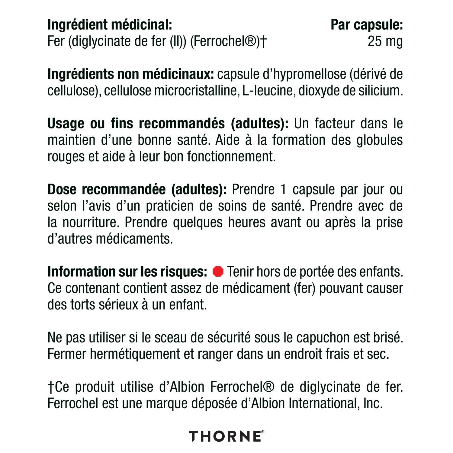 Thorne Iron Bisglycinate - 25 mg Iron Supplement for Enhanced Absorption Without Gastrointestinal Side Effects - 60 Capsules - 60 Servings 🍁 All In One Marketplace Canada