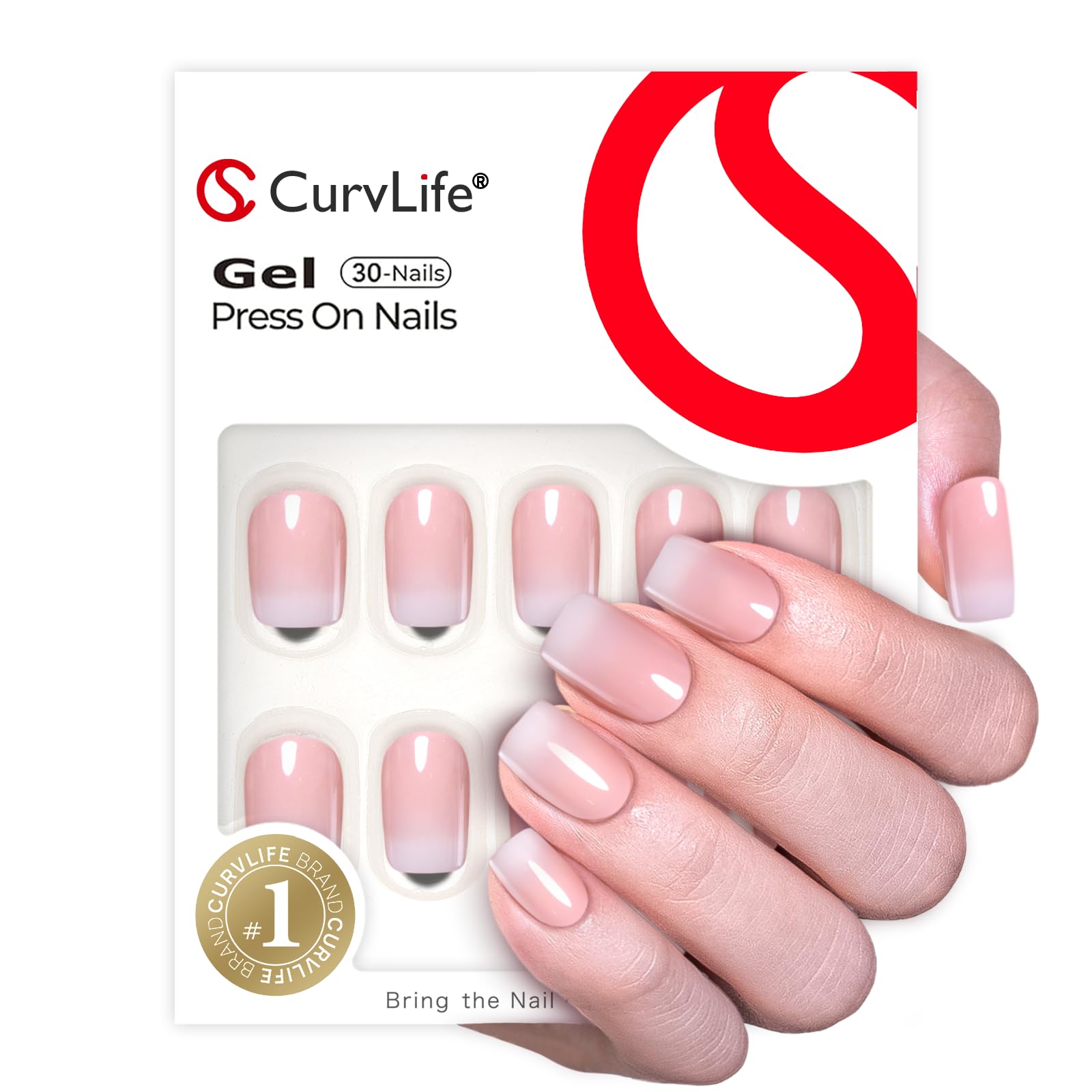 Curvlife 30pcs Short Press On Nails, Shining Stick on Fake Nails Design Glossy Acrylic Nails Tips Glue on Square Press on Nails For Women False Nail Kit With Nail Glue (French Gradient Pink) 🍁 All In One Marketplace Canada