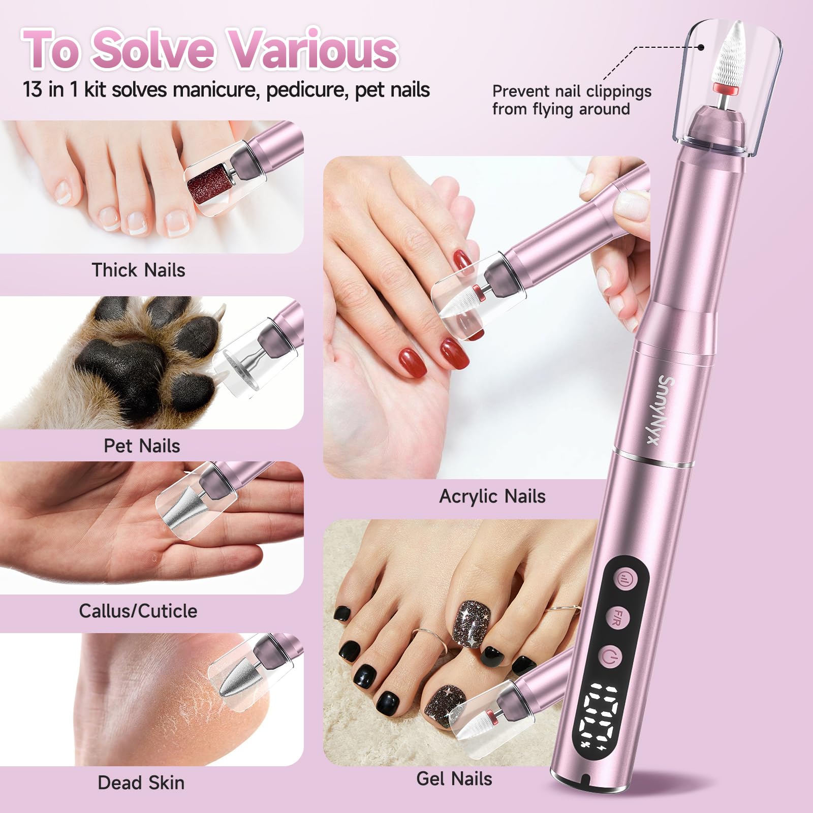 SnnyNyx Cordless Electric Nail Drill 35000 RPM, Professional Nail File Kit with LCD Display, 12 Bits & 36 Sanding Bands, Rechargeable Manicure Pedicure Kit for Acrylic Gel Nails, Salon & Home Use(Rose Gold) 🍁 All In One Marketplace Canada