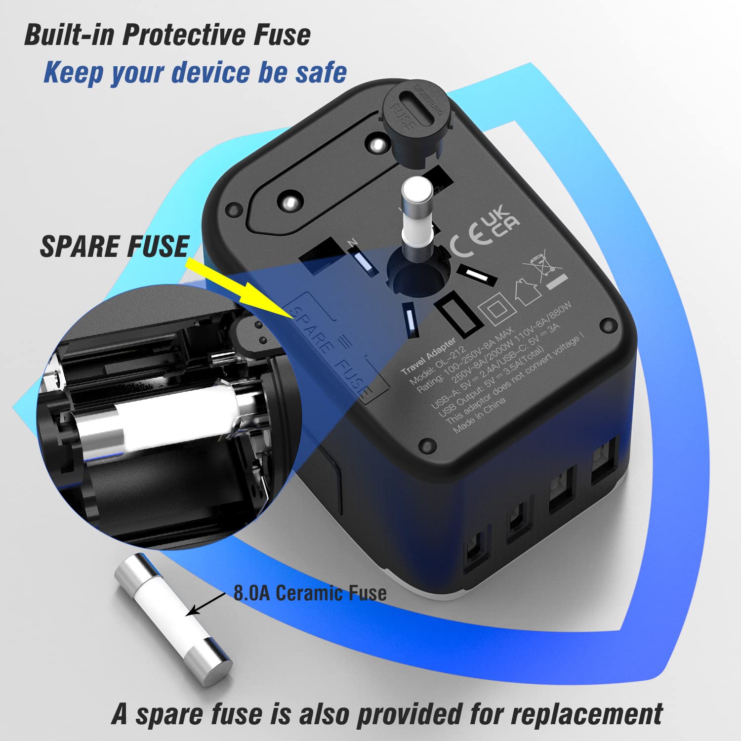 RXSQUL Universal International Power Travel Plug Adapter, 5 in 1 European Travel Plug Adapter W/ 3.5A 2xUSB-A And 2xUSB C Wall Charger and Worldwide AC Outlet for Europe USA UK AUS Asia-Black 🍁 All In One Marketplace Canada
