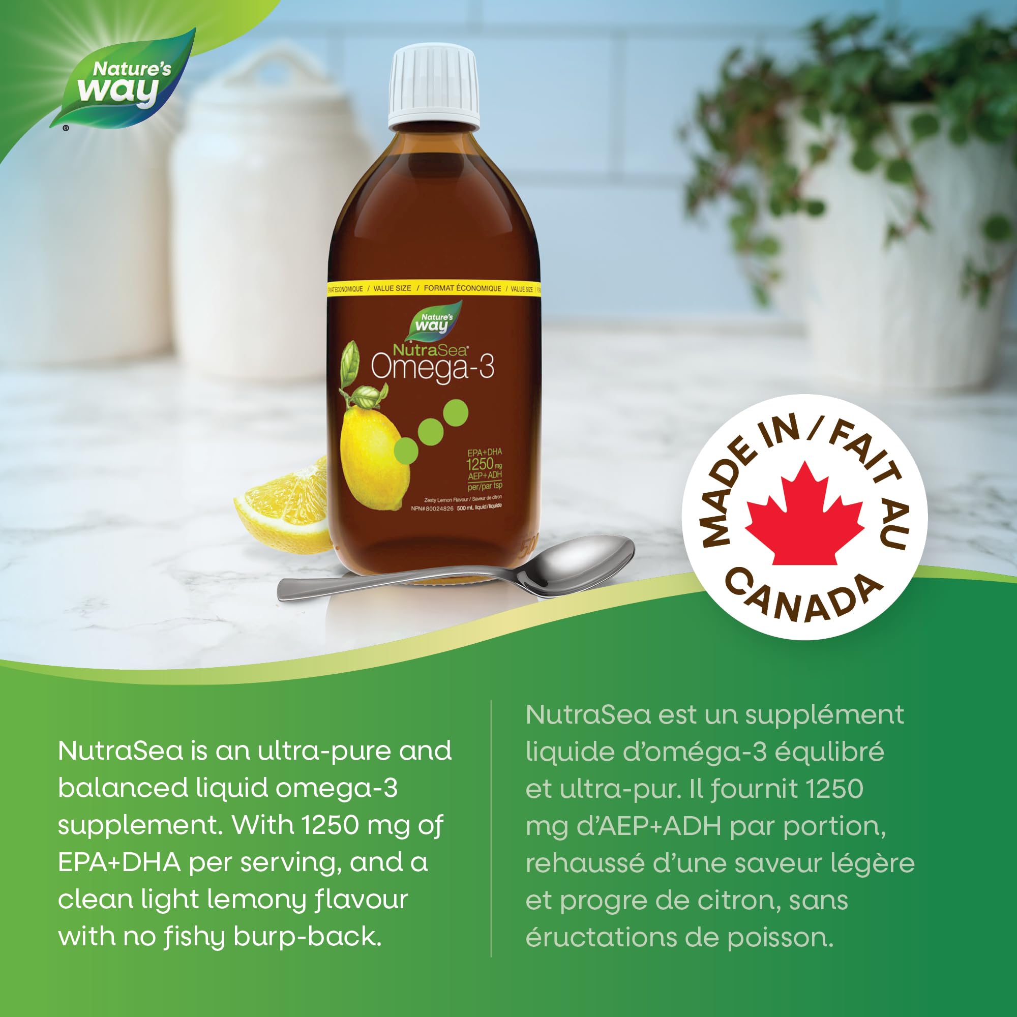 Nature's Way NutraSea Omega 3 Fish Oil Liquid Supplement – Zesty Lemon Flavour, Non-GMO – Heart & Brain Support – EPA & DHA, 500 mL 🍁 All In One Marketplace Canada