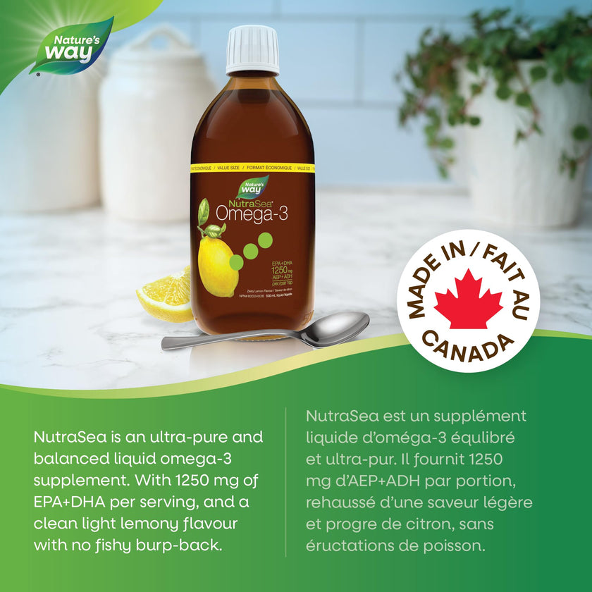Nature's Way NutraSea Omega 3 Fish Oil Liquid Supplement – Zesty Lemon Flavour, Non-GMO – Heart & Brain Support – EPA & DHA, 500 mL 🍁 All In One Marketplace Canada