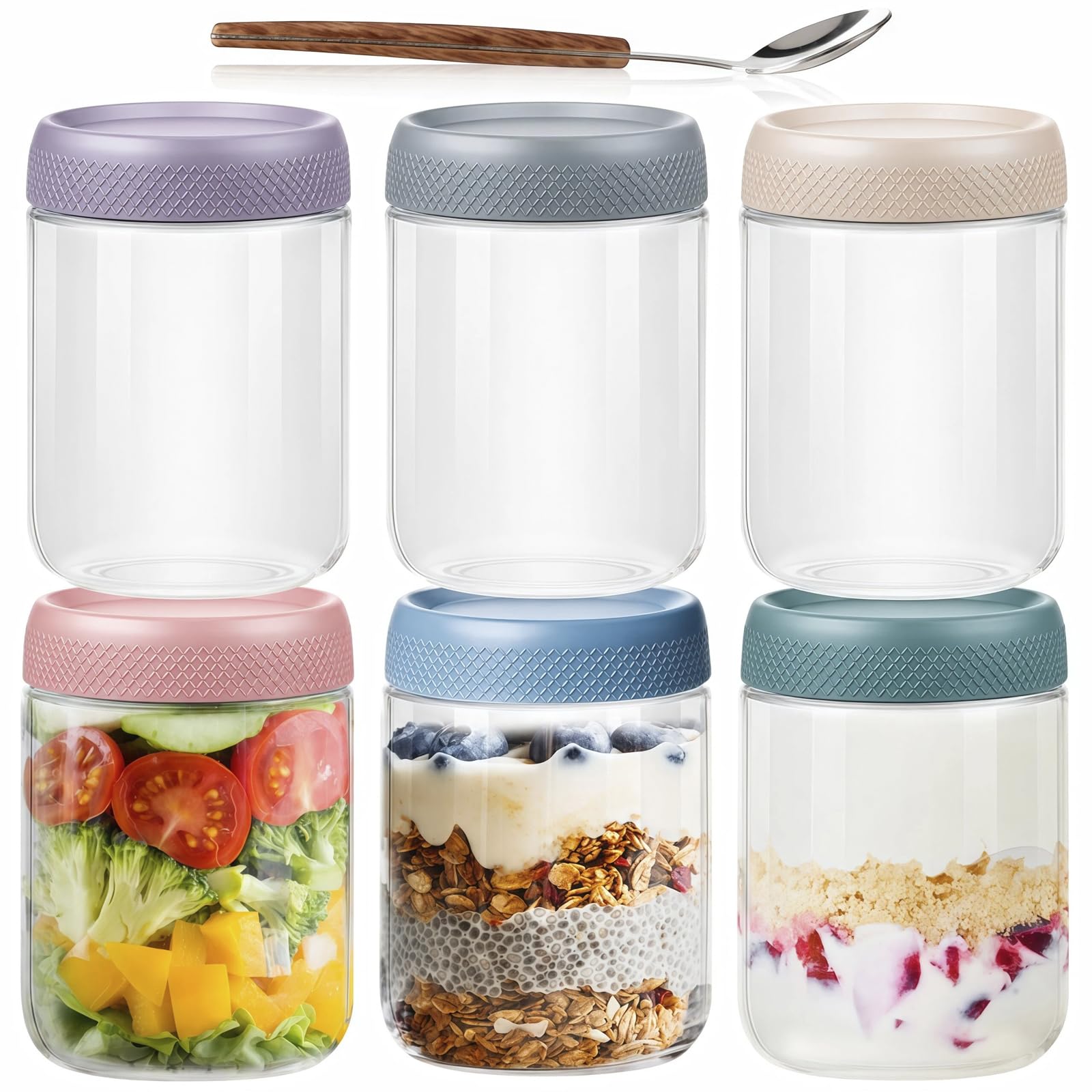 16 OZ Overnight Oats Jar,6 Pack Glass Jar with Lid and Spoon,Reusable Wide Mouth Mason jars for Overnight Oats,Yogurt Snacks Fruit, Salad Dressing, Sauce,Cereal-Leak Proof(500 ml) 🍁 All In One Marketplace Canada