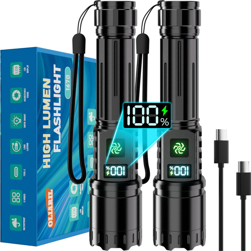 Rechargeable Flashlight 2 Pack, 990000 High Lumens LED Flash Light, Brightest Zoomable Lampe with LCD Digital Display, 5Modes Super Bright Flashlights, Powerful Tactical Flashlight for Outdoor, Gift 🍁 All In One Marketplace Canada