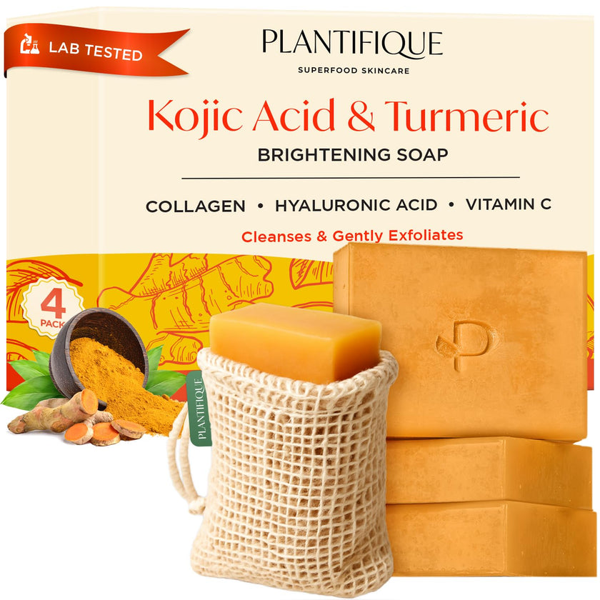 PLANTIFIQUE Turmeric & Kojic Acid Soap for Hyperpigmentation, Lab Tested - 4 Bars with Mesh Net - Face & Body Wash with Hyaluronic Acid, Collagen, Vitamin C - 320g / 11.28 oz 🍁 All In One Marketplace Canada
