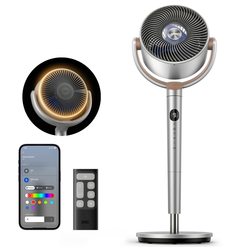 DREO Smart Fans for Bedroom, 120° +120° Omni-Directional Oscillating Fan, 90ft Quiet Pedestal Fan with RGB Light, 9 Speeds, 6 Modes, 20dB, 8H Timer, Wi-Fi/Voice, 37-42