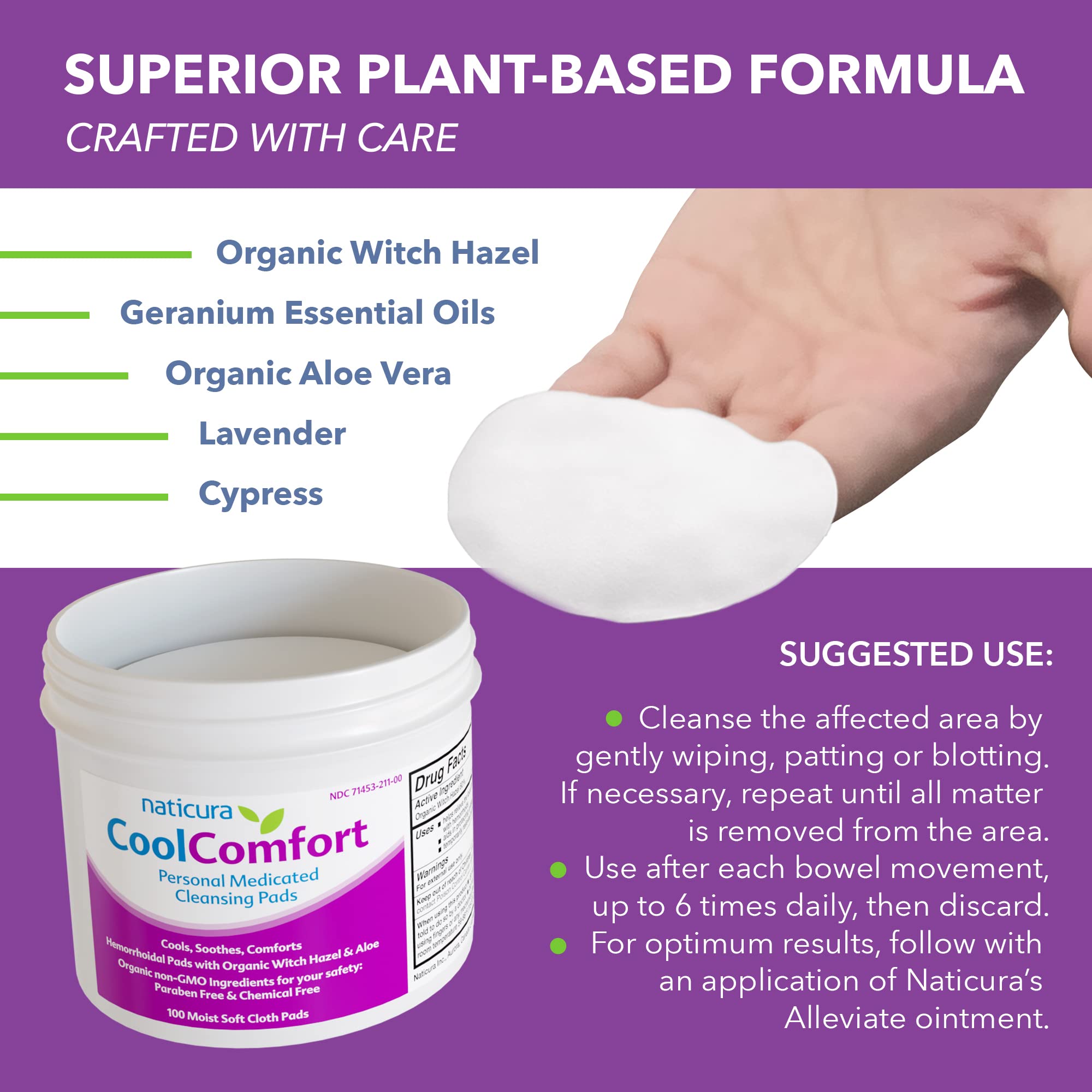 CoolComfort Personal Cleansing Pads with Organic Witch Hazel and Aloe Vera - All Natural and Fast Acting Wipes for Hemorrhoid Burning, Itching, Pain and Swelling - 100 Pads - No Parabens 🍁 All In One Marketplace Canada