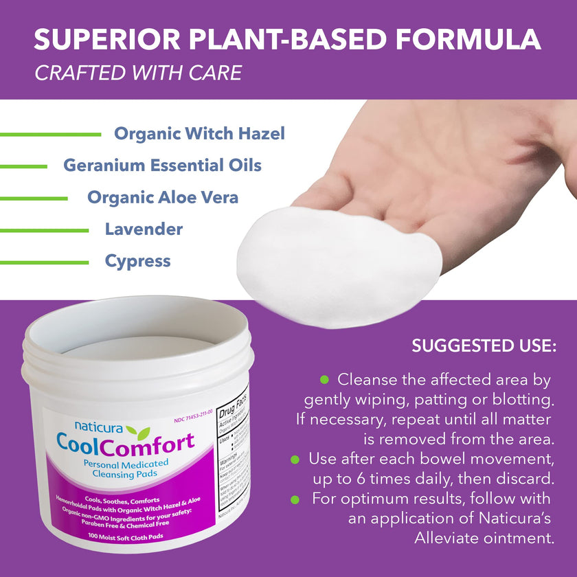 CoolComfort Personal Cleansing Pads with Organic Witch Hazel and Aloe Vera - All Natural and Fast Acting Wipes for Hemorrhoid Burning, Itching, Pain and Swelling - 100 Pads - No Parabens 🍁 All In One Marketplace Canada