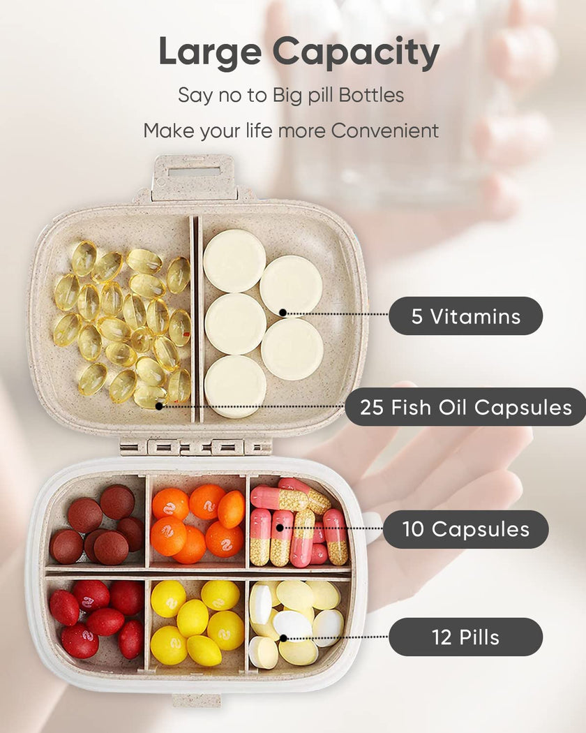 Holii Travel Pill Organizer, 8 Compartments Portable Pill Case, Daily Pill Box to Hold Vitamins, Small Pill Container for Pocket Purse Medicine Organizer（Khaki） 🍁 All In One Marketplace Canada