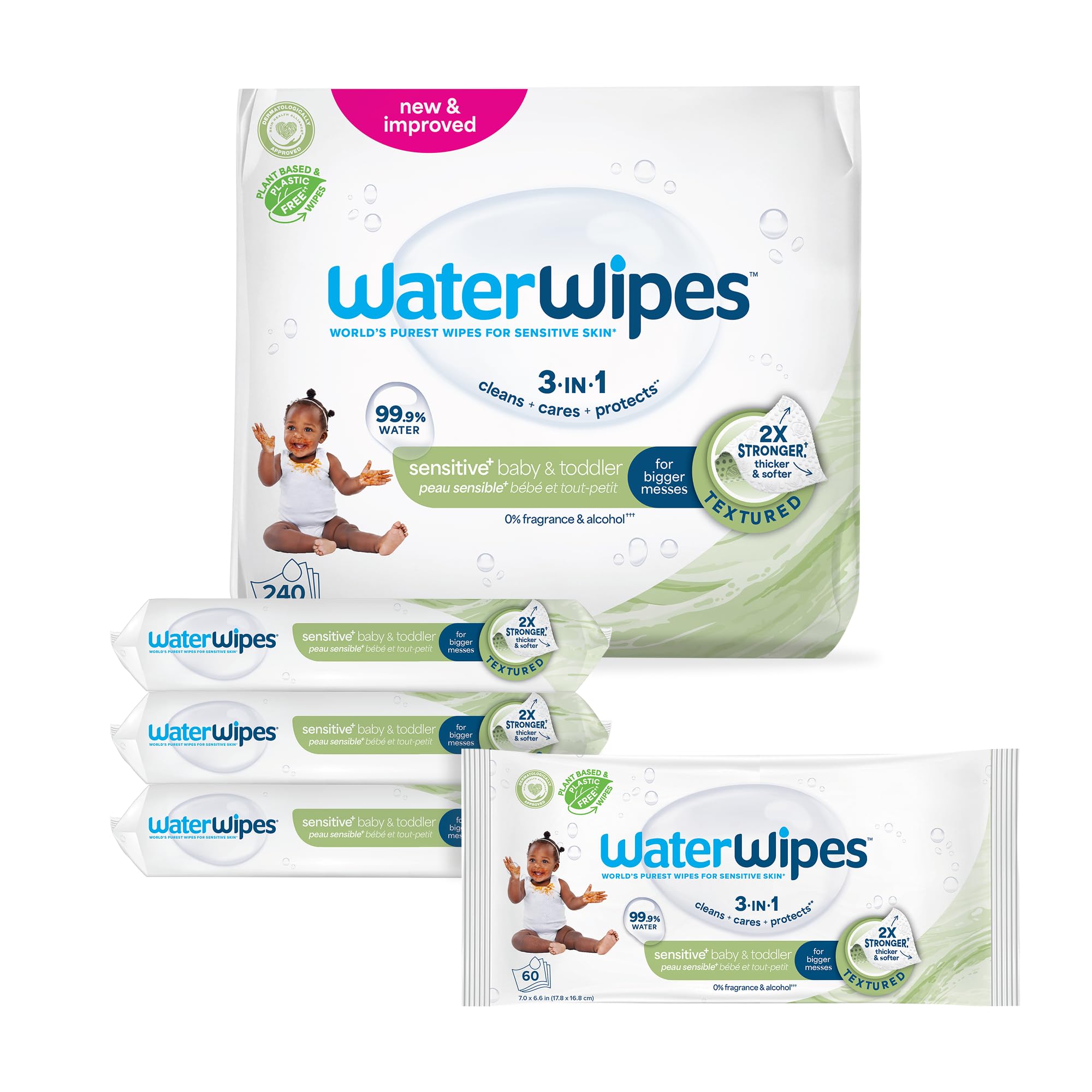 WaterWipes Sensitive+ Baby & Toddler Wipes, 3-In-1 Cleans, Cares, Protects, 99.9% Water, Textured Clean, Unscented & Hypoallergenic, 240 Count (4 Packs) 🍁 All In One Marketplace Canada