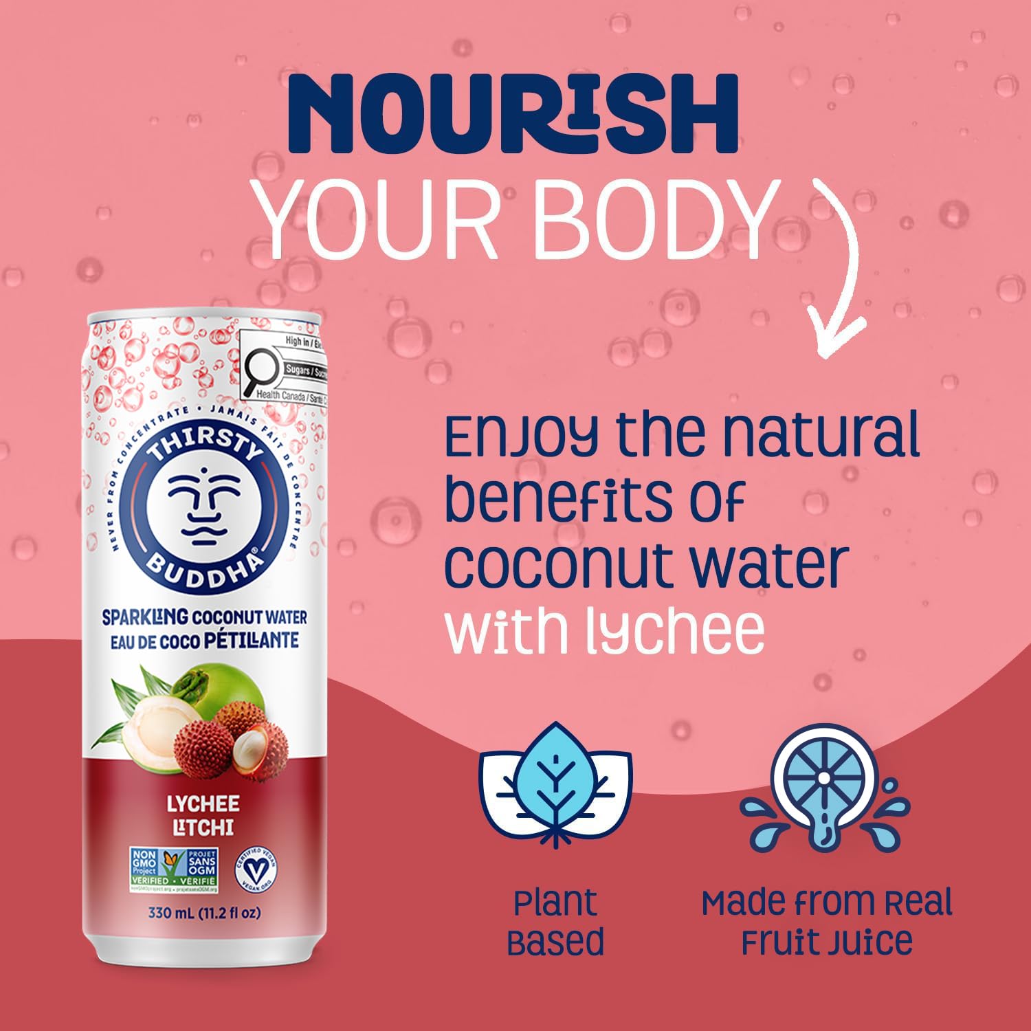 THIRSTY BUDDHA Sparkling Coconut Water with Lychee, No Added Sugar, Pure Coco Drink, Natural Fruit Flavour, Electrolyte & Nutrient-Rich, 12 Pack, (12/330ml) 🍁 All In One Marketplace Canada