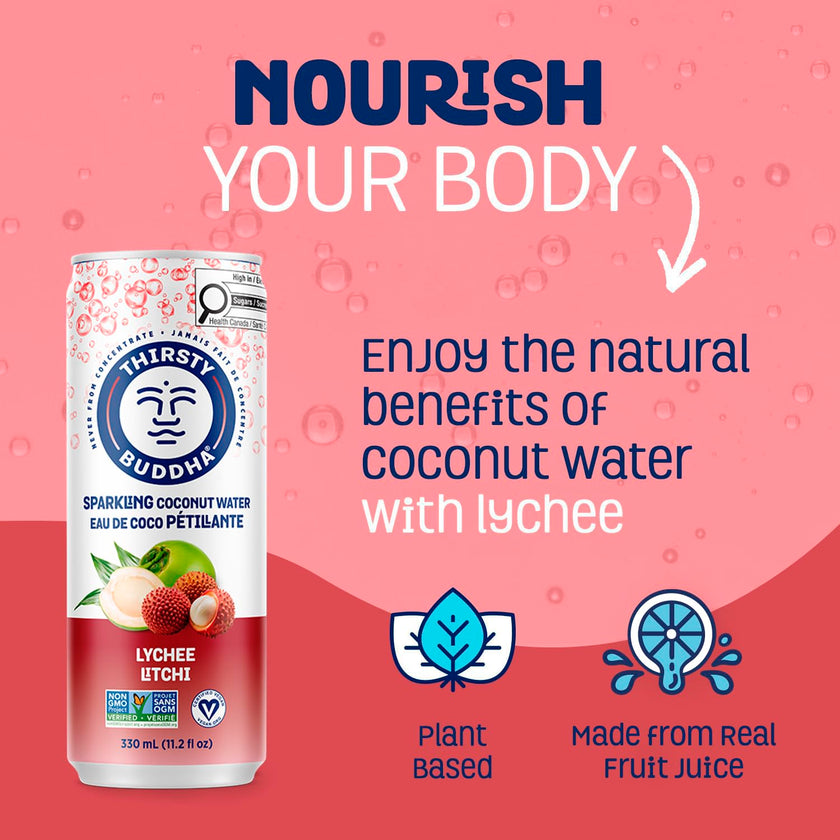 THIRSTY BUDDHA Sparkling Coconut Water with Lychee, No Added Sugar, Pure Coco Drink, Natural Fruit Flavour, Electrolyte & Nutrient-Rich, 12 Pack, (12/330ml) 🍁 All In One Marketplace Canada