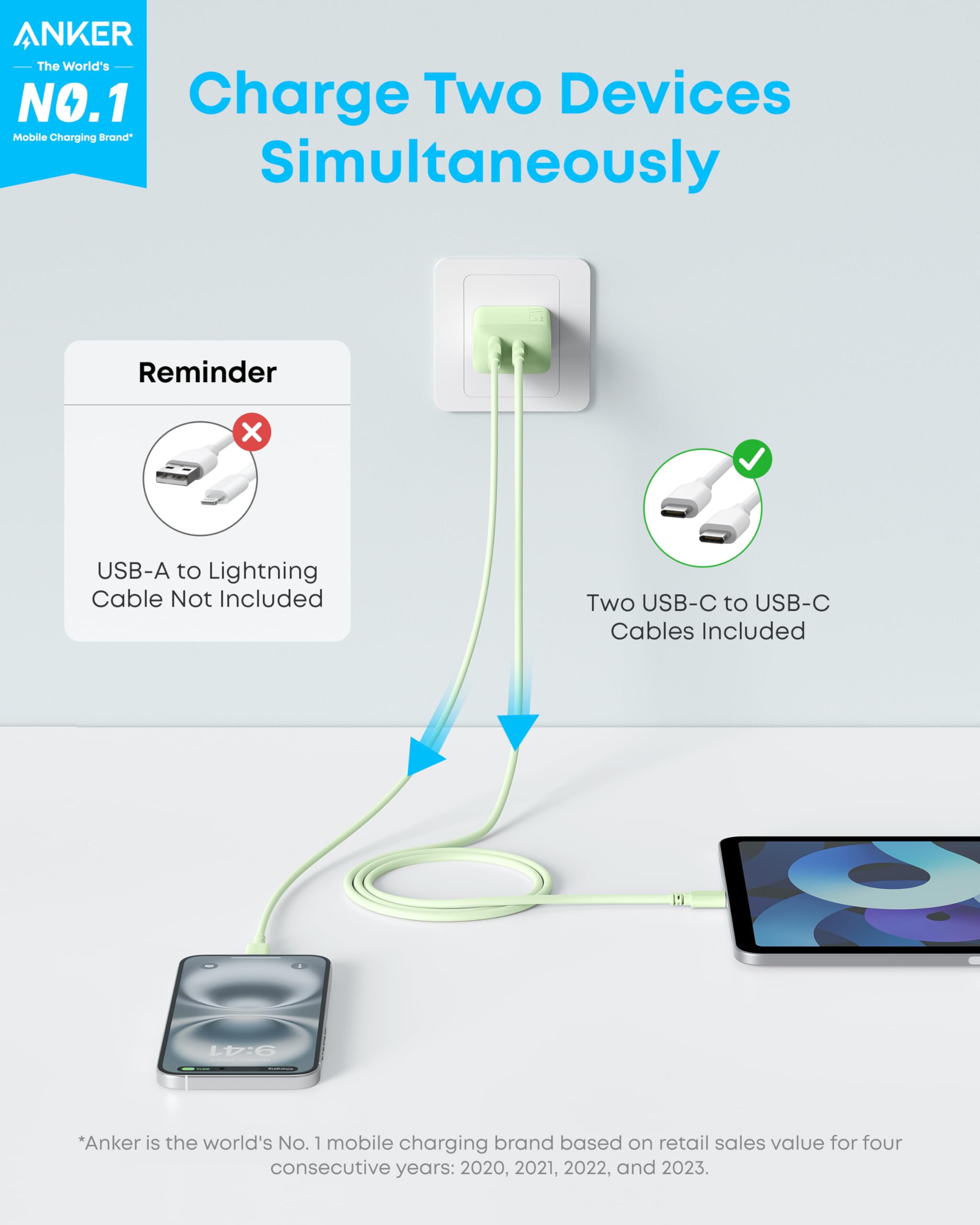 Anker iPhone 16 Charger, 2-Pack 20W Fast USB C Charger Block, for iPhone 16/16 Pro Max/15 Series/iPad Pro and More (Green, 2 Pack & 2 Cable) 🍁 All In One Marketplace Canada