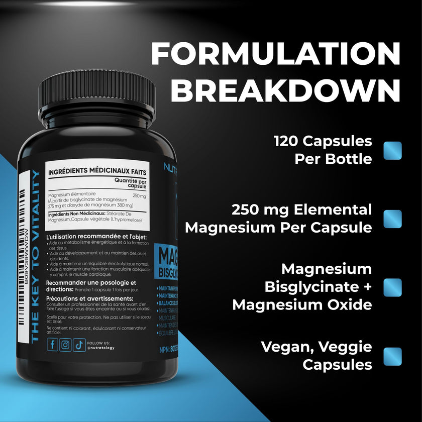 Nutratology® Magnesium Bisglycinate + Oxide | Canadian-Made | Relaxes Muscles, Improves Sleep Quality, Maintains Proper Muscle Functions & Enhances Bone Density | 250MG Per Capsule | 120 Capsules 🍁 All In One Marketplace Canada