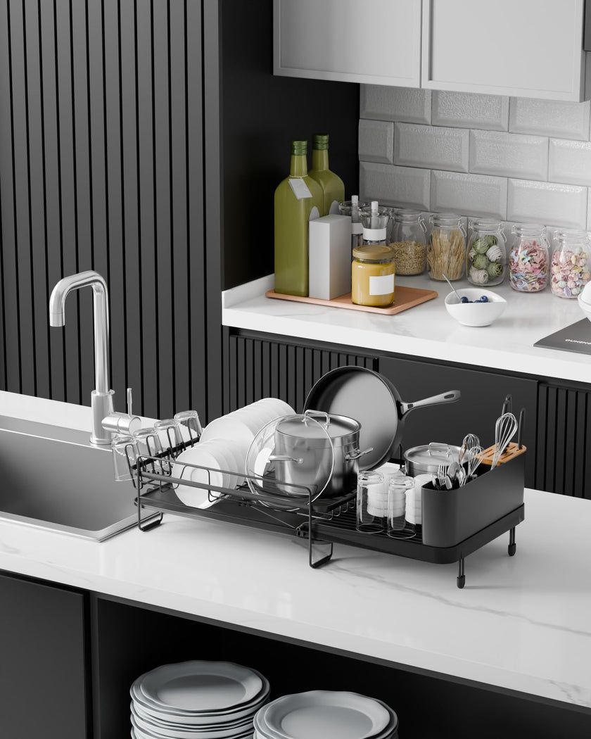 Kitsure Large Dish Drying Rack - Extendable Stainless Steel, Anti-Rust Kitchen Counter Rack with Cutlery & Cup Holders, 67.8 x 32.8 x 15.0cm, Black 🍁 All In One Marketplace Canada