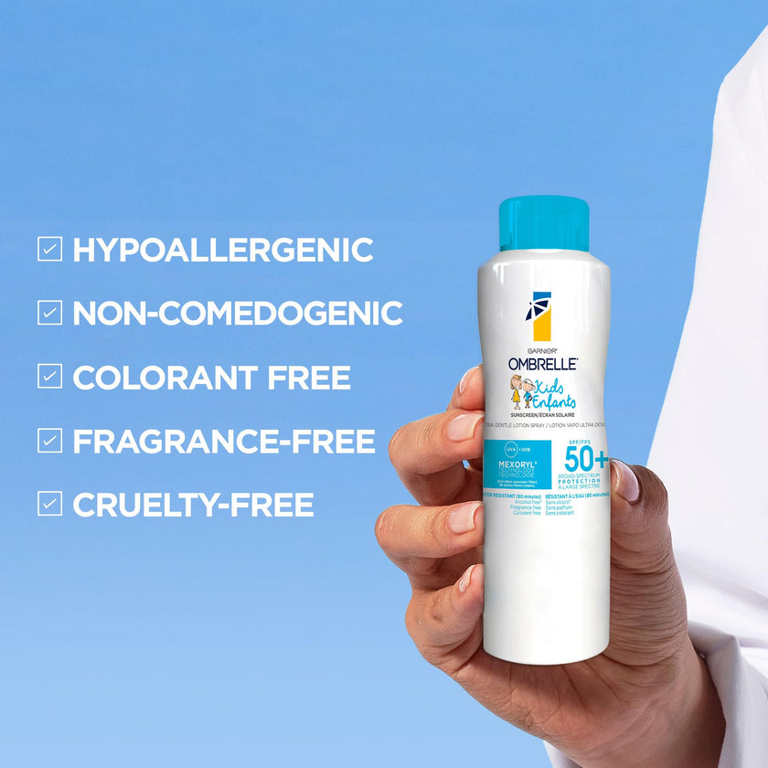 Garnier Ombrelle Kids Sunscreen Spray, SPF 50+, High Protection, Body Mist, Formulated for Sensitive Skin, Water-Resistant, Broad Spectrum UVA/UVB Protection, Non-comedogenic, 122g 🍁 All In One Marketplace Canada