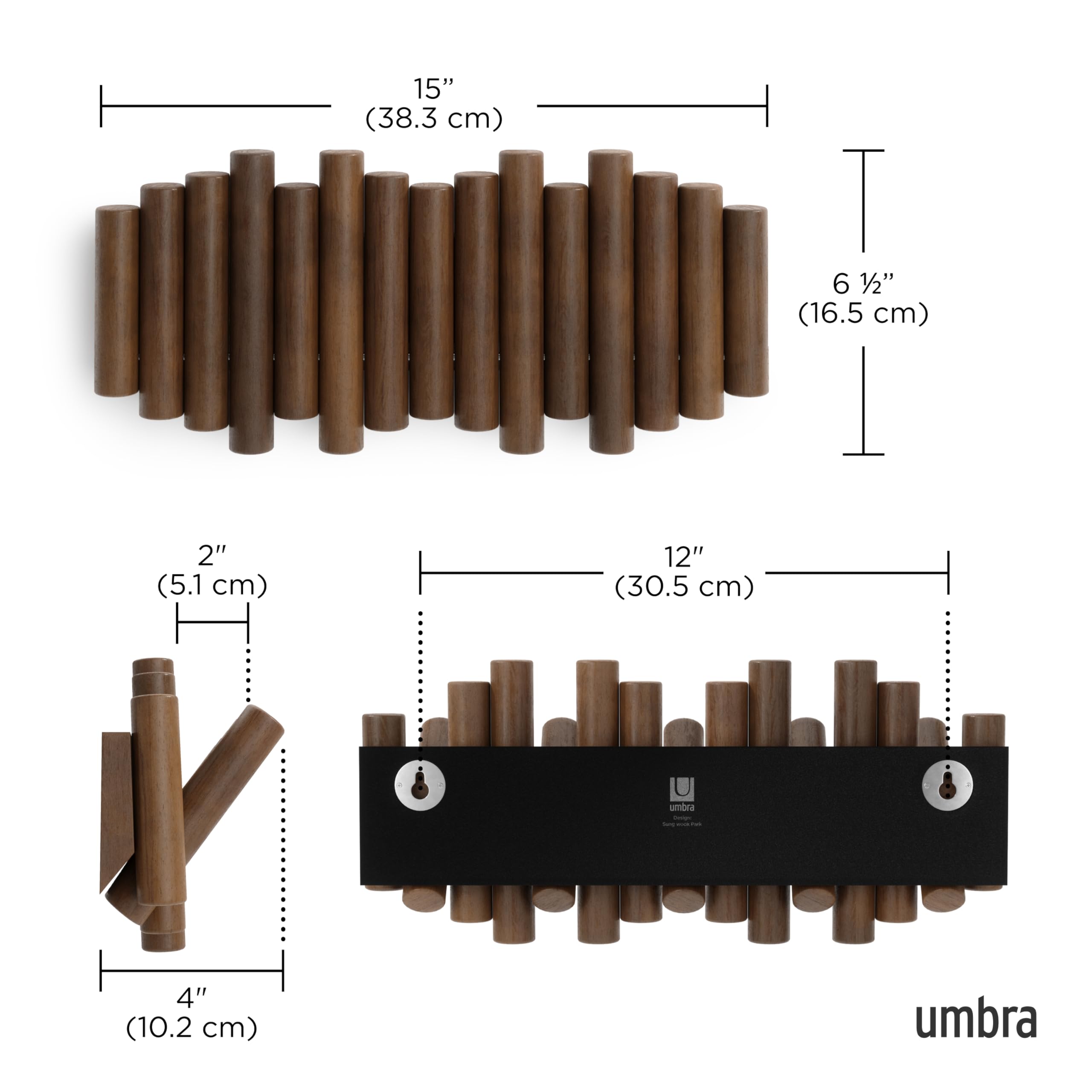 Umbra Picket Wall-Mounted Coat Rack Rail Hook with 5 Retractable Wood Pegs – Modern, Space-Saving Storage Organizer, Walnut 🍁 All In One Marketplace Canada