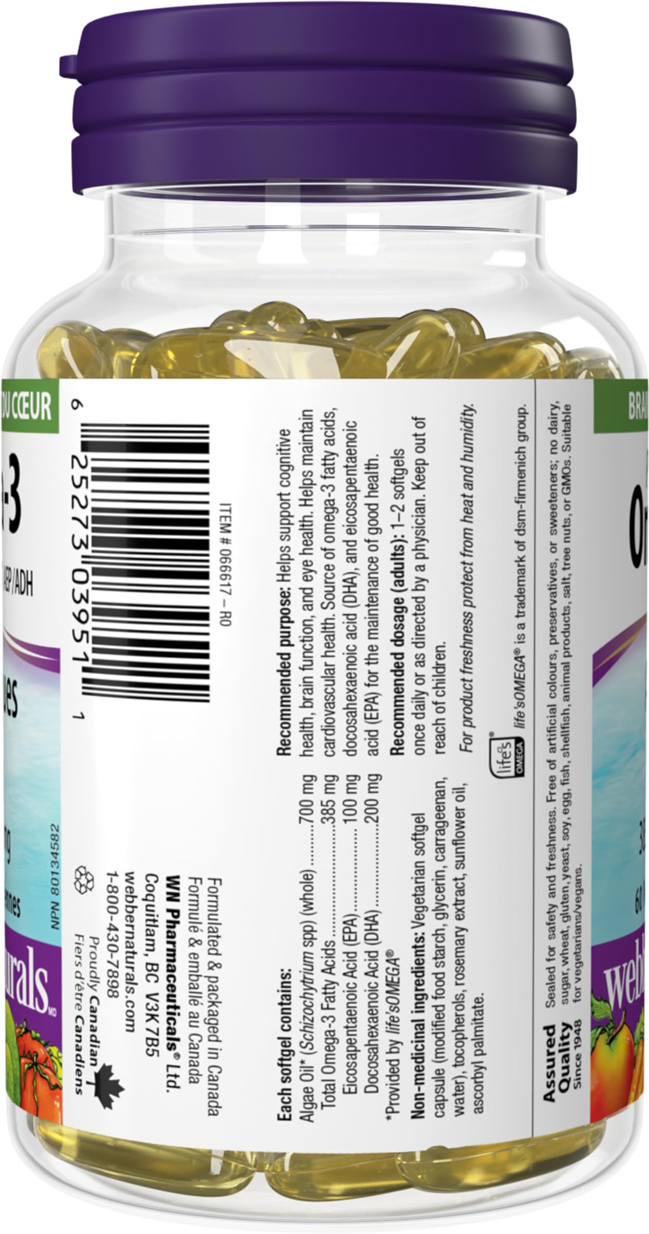 Webber Naturals Plant-Based Omega-3, 60 Softgels, Fish-Free Source of Omega-3, From Sustainably Cultivated Algae, Vegan 🍁 All In One Marketplace Canada