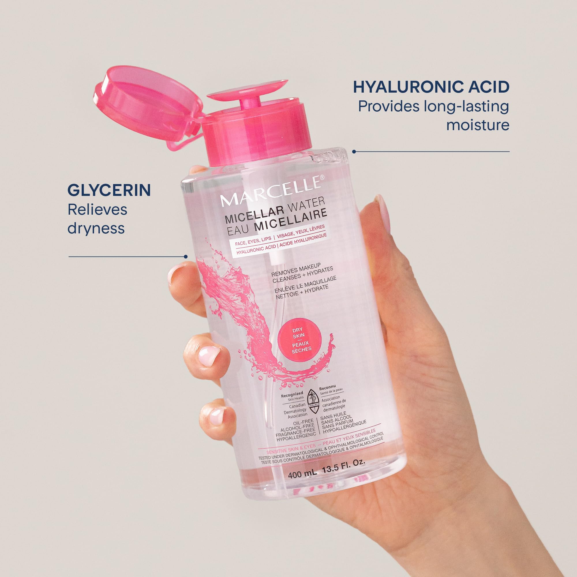 Marcelle Micellar Water, Dry + Sensitive Skin, with Hyaluronic Acid, Cleanses, Removes Makeup and Tones, Hypoallergenic, Oil-Free, Alcohol-Free, Fragrance-Free, Cruelty-Free, 400 mL 🍁 All In One Marketplace Canada
