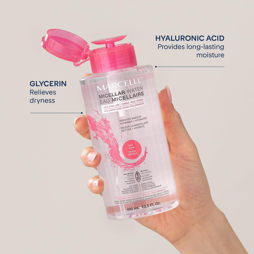 Marcelle Micellar Water, Dry + Sensitive Skin, with Hyaluronic Acid, Cleanses, Removes Makeup and Tones, Hypoallergenic, Oil-Free, Alcohol-Free, Fragrance-Free, Cruelty-Free, 400 mL 🍁 All In One Marketplace Canada