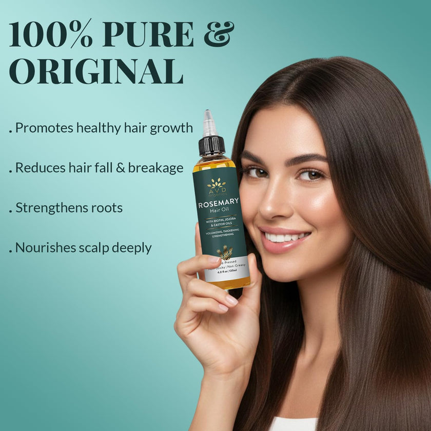 AVD Organics Rosemary Oil for Hair Growth | Infused with Biotin | Hair Strengthening, Nourishing and Volumizing | infused with Jojoba & Castor Oil | NON - GMO 120ml 🍁 All In One Marketplace Canada