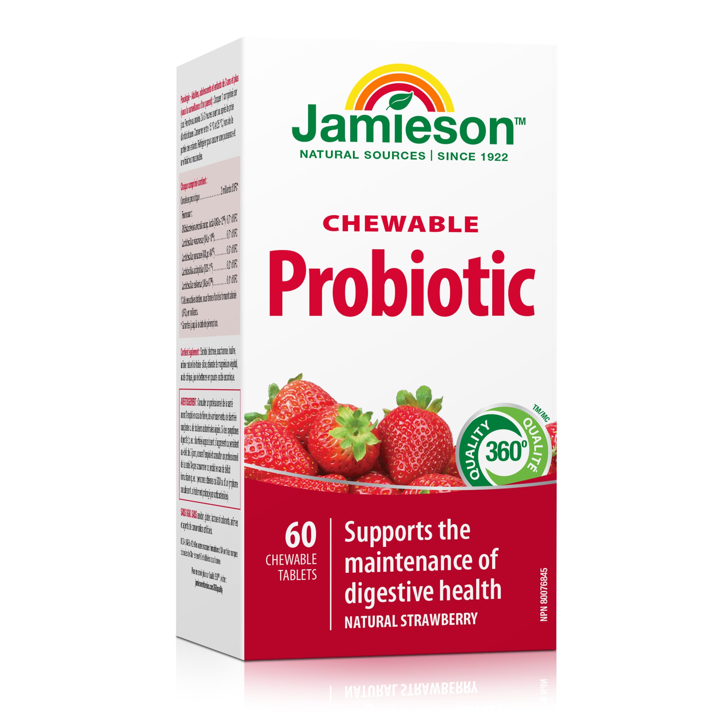 Jamieson Chewable Probiotic 2 Billion Active Cells Natural Strawberry Flavour, Family Friendly (3+), Supports Digestive Health. 5 Unique Strains, Including Lactobacillus and Bifidobacterium, Non-GMO, No Artificial Colours, Flavours, or Preservatives, 60 C