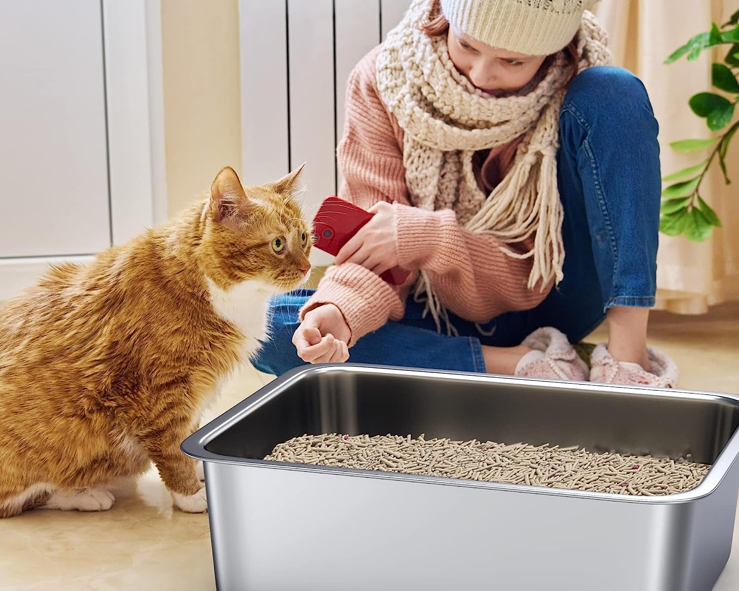 ZuHucpts Stainless Steel Cat Litter Box, Large Metal Litter Pan for Cats (20