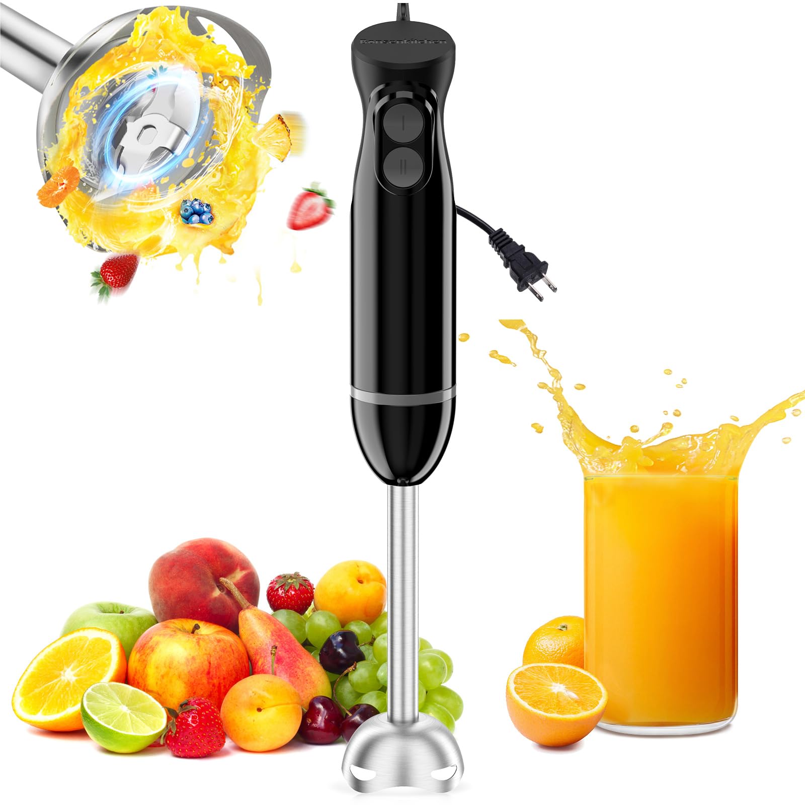 Bonsenkitchen Hand Blender, Immersion Blender with 2 Mixing Speed, Electric Handheld Blender Portable Stick Mixer with Stainless Steel Blades for Soup, Smoothie, Puree, Baby Food 🍁 All In One Marketplace Canada